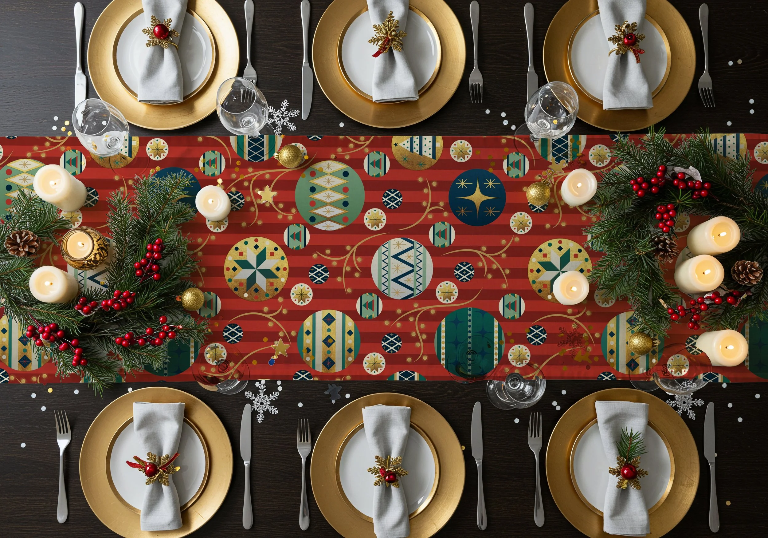 a mock-up of an elegant Christmas table featuring a red table runner and golden plates