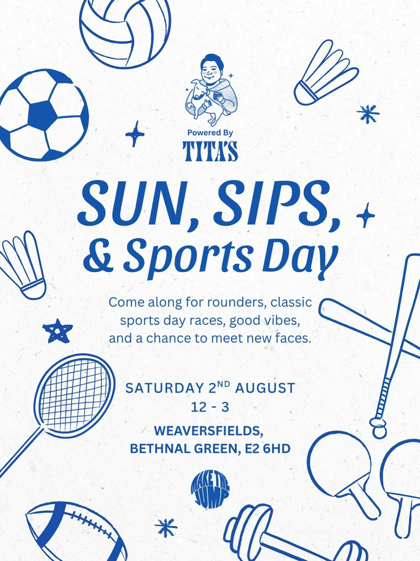 SPORTS DAY powered by @titascoffeeuk 🏃&zwj;♀️☀️

FREE EVENT
🗓 Saturday 2nd August 
⏰ 12:00 &ndash; 15:00
📍Weavers Fields, Bethnal Green, London E2 6HD

Come join us for a fun-filled afternoon of rounders, classic sports day races, and feel-good vi