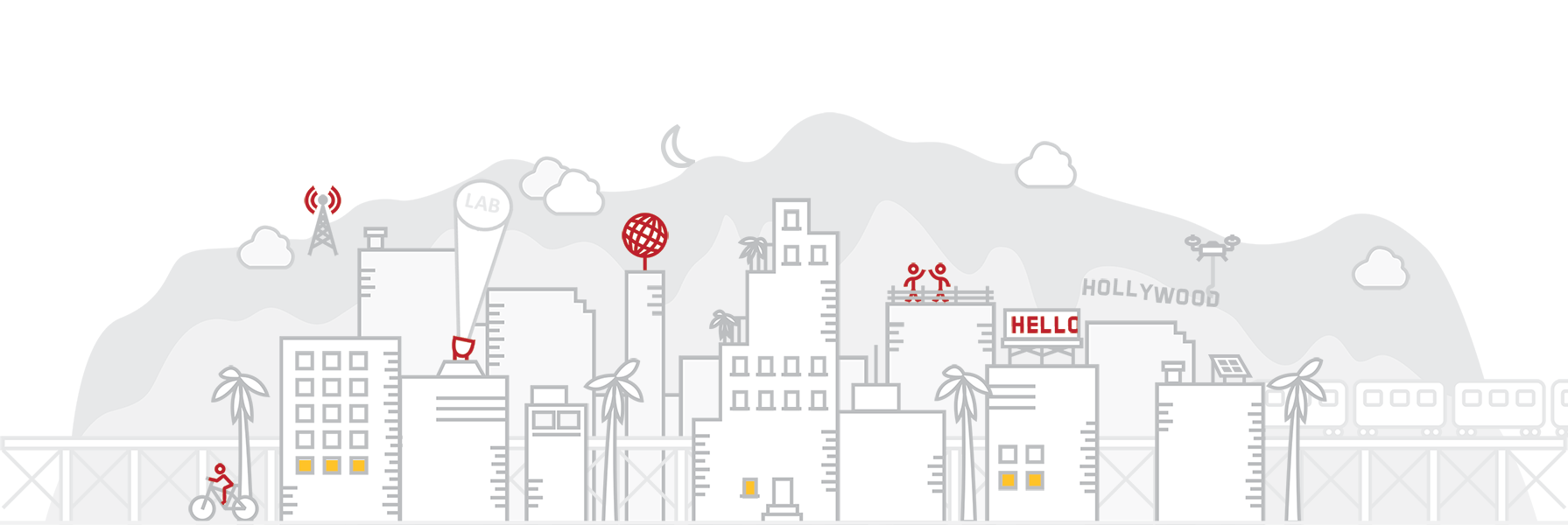 line drawing of the LA skyline in front of mountains, illustrating people-powered transportation and technology