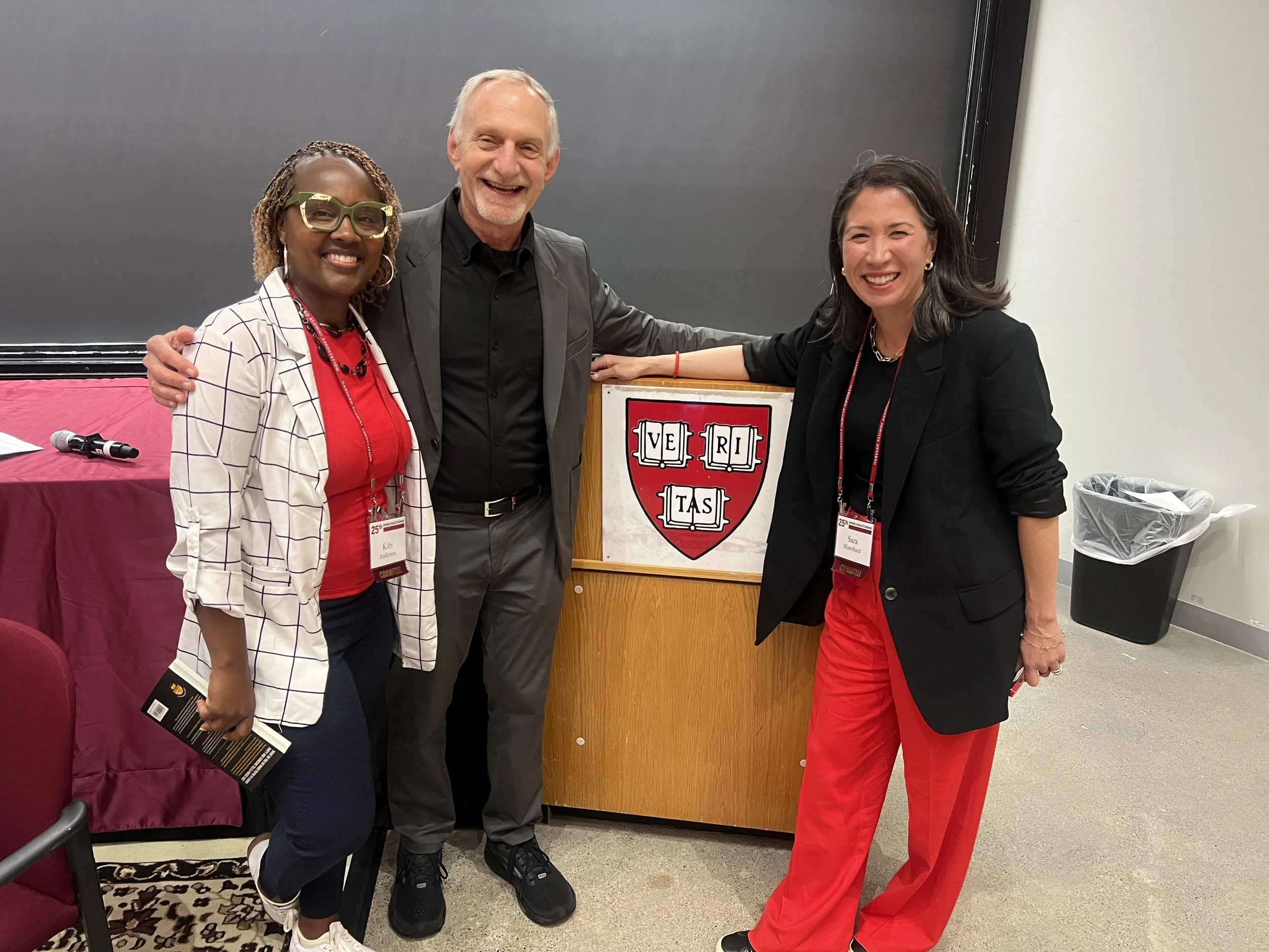 Kibi Anderson, Sara Blanchard, Dr. Robert Waldinger all smiling at Harvard Panel
