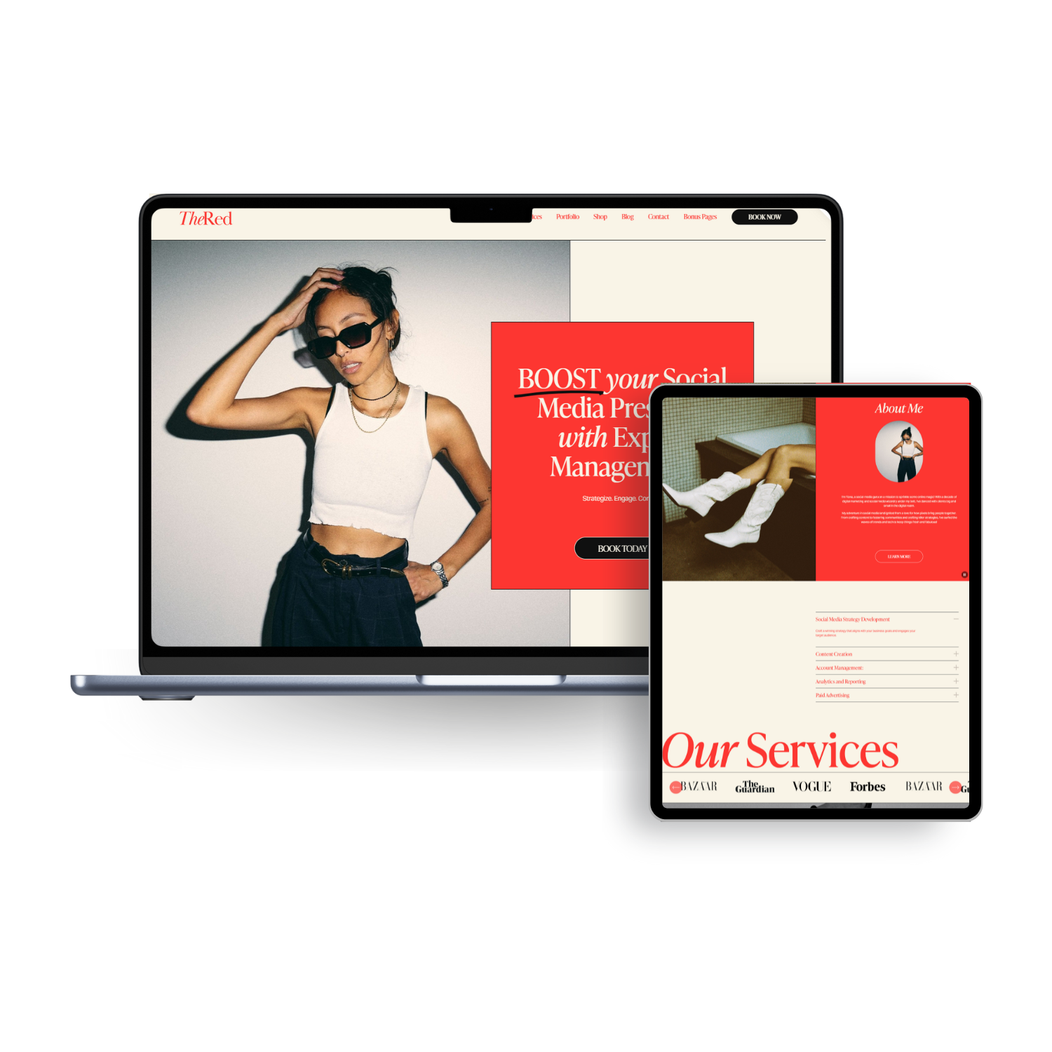 Laptop and tablet displaying a website for social media management services featuring an image of a stylish woman, promotional text, and 'Our Services' section; background is white with red accents.