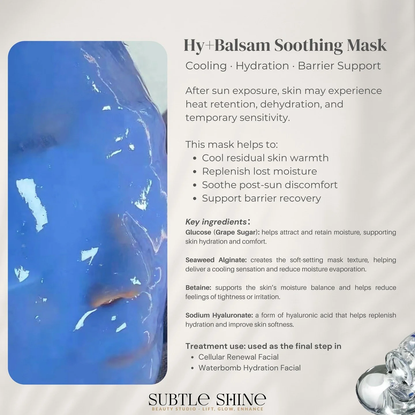 After sun exposure or active facial work, the skin can retain heat while moisture levels drop beneath the surface. This is where the final step becomes important.

A cooling, soft-setting mask helps the skin calm and settle, while forming a light sea