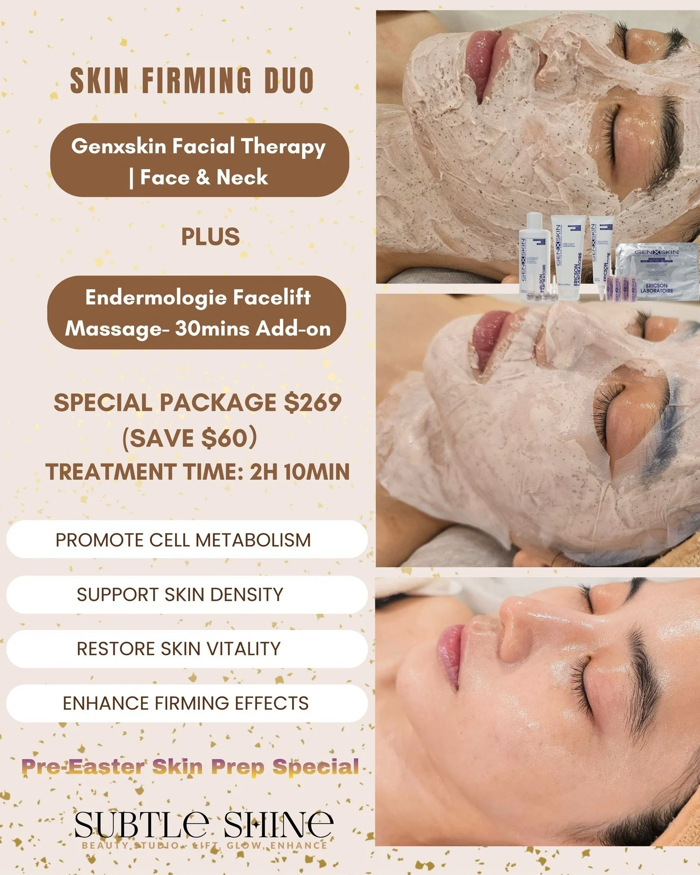 As the year moves forward and the seasons shift toward Easter, it can be a good moment to pause and give the skin some extra care.

This special treatment combines GenxSkin Facial Therapy for Face &amp; Neck with a 30-minute Endermologie Lift add-on 