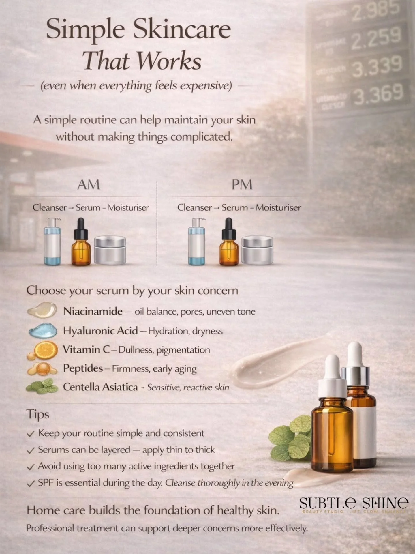 Living costs are up &mdash; your skincare doesn&rsquo;t need to be complicated.

A simple routine, done consistently,
can still support healthy, balanced skin.

Cleanse. Treat. Hydrate. Protect.

Choose your serum based on what your skin actually nee