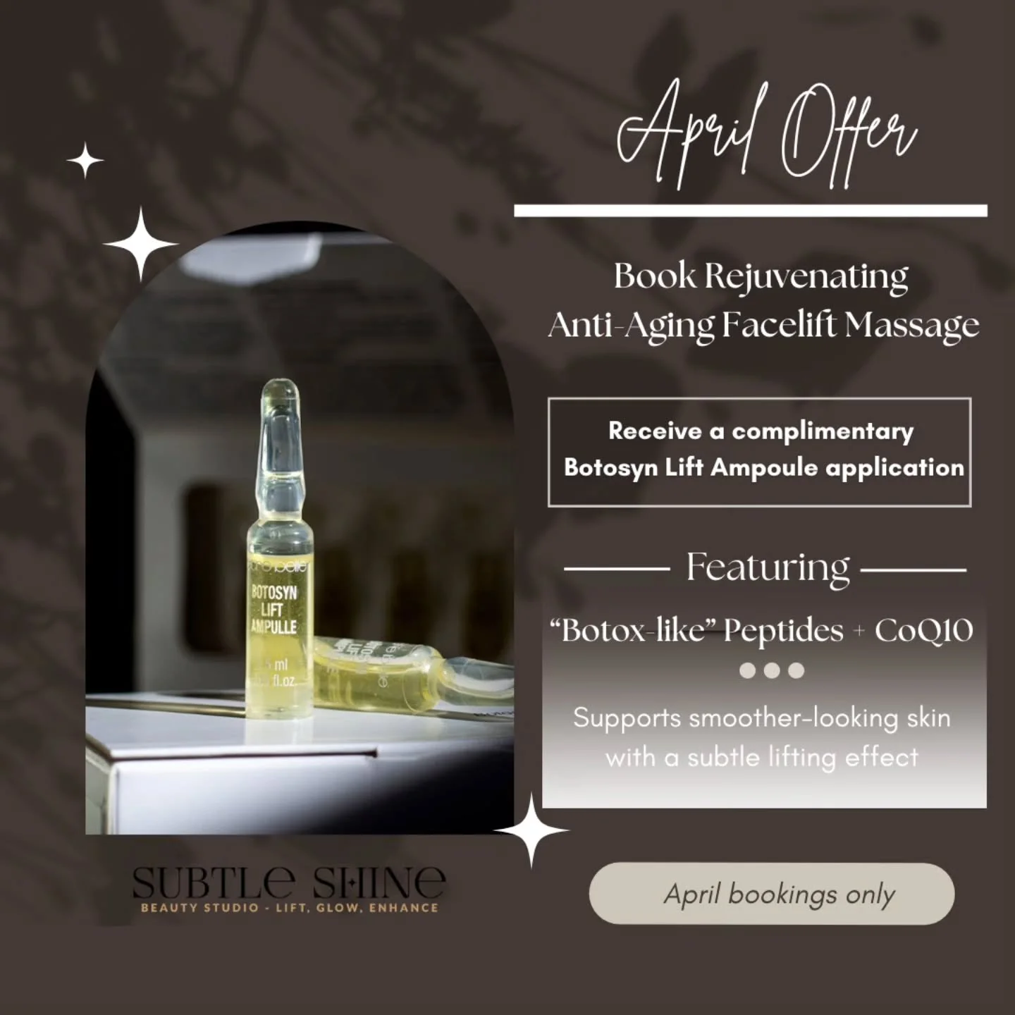 For April, the Rejuvenating Anti-Aging Facelift Massage includes a complimentary Botosyn Lift Ampoule application.

This signature anti-aging facelift massage integrates targeted lifting techniques with Endermologie mechanical stimulation to support 