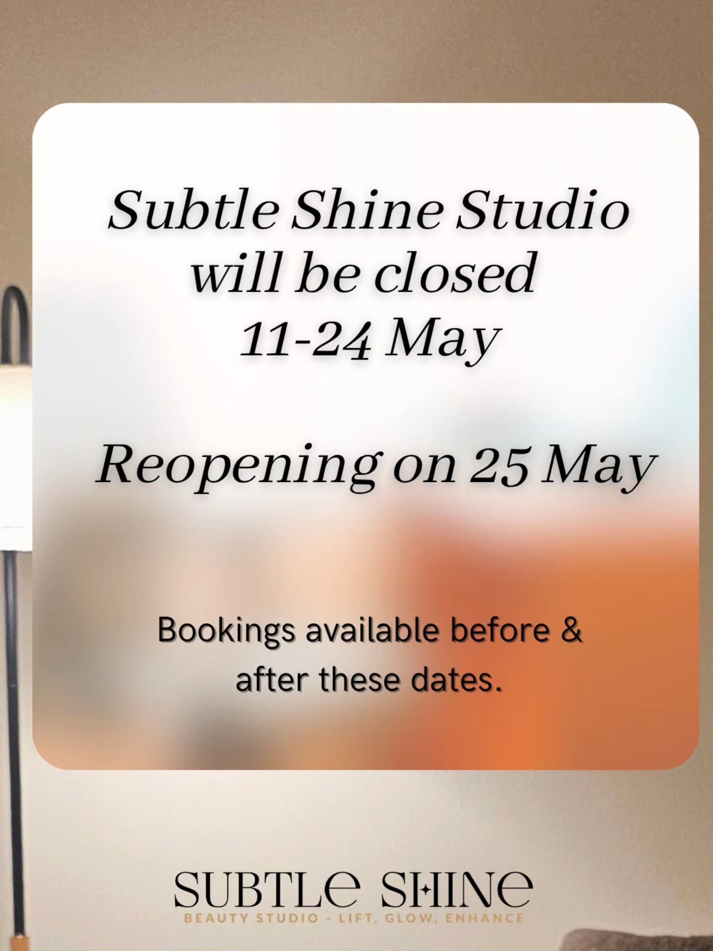 A short break coming up from 11&ndash;24 May 

Back from 25 May.

Limited availability remains before 11 May.

Appointments can be booked via the link in bio.