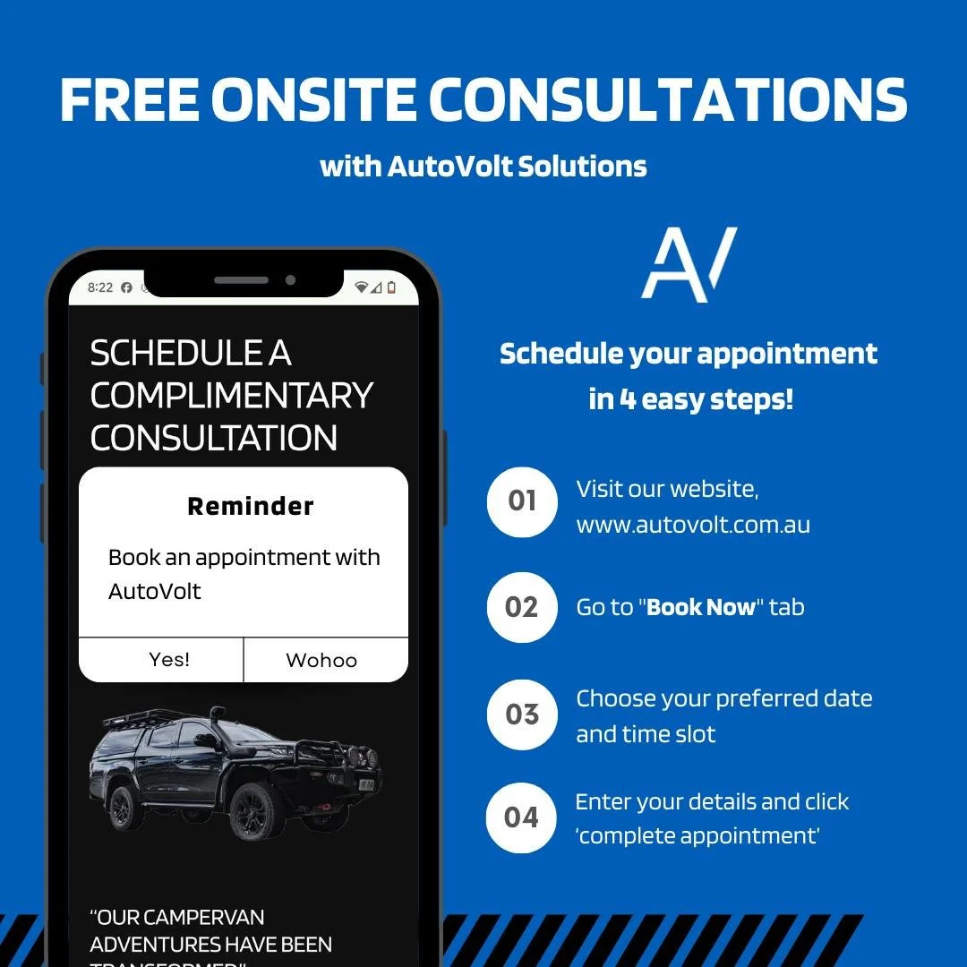 Exciting News from AutoVolt Solutions! 

We&rsquo;re thrilled about a new feature on our website: free onsite consultations with Rob, the technician and owner of AutoVolt. 

Rob will personally meet with you to discuss your accessory fitting needs in