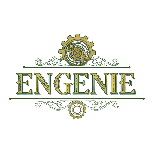 Steampunk-inspired logo with gears and ornate design, featuring the company name 'ENGENIE' in vintage font.