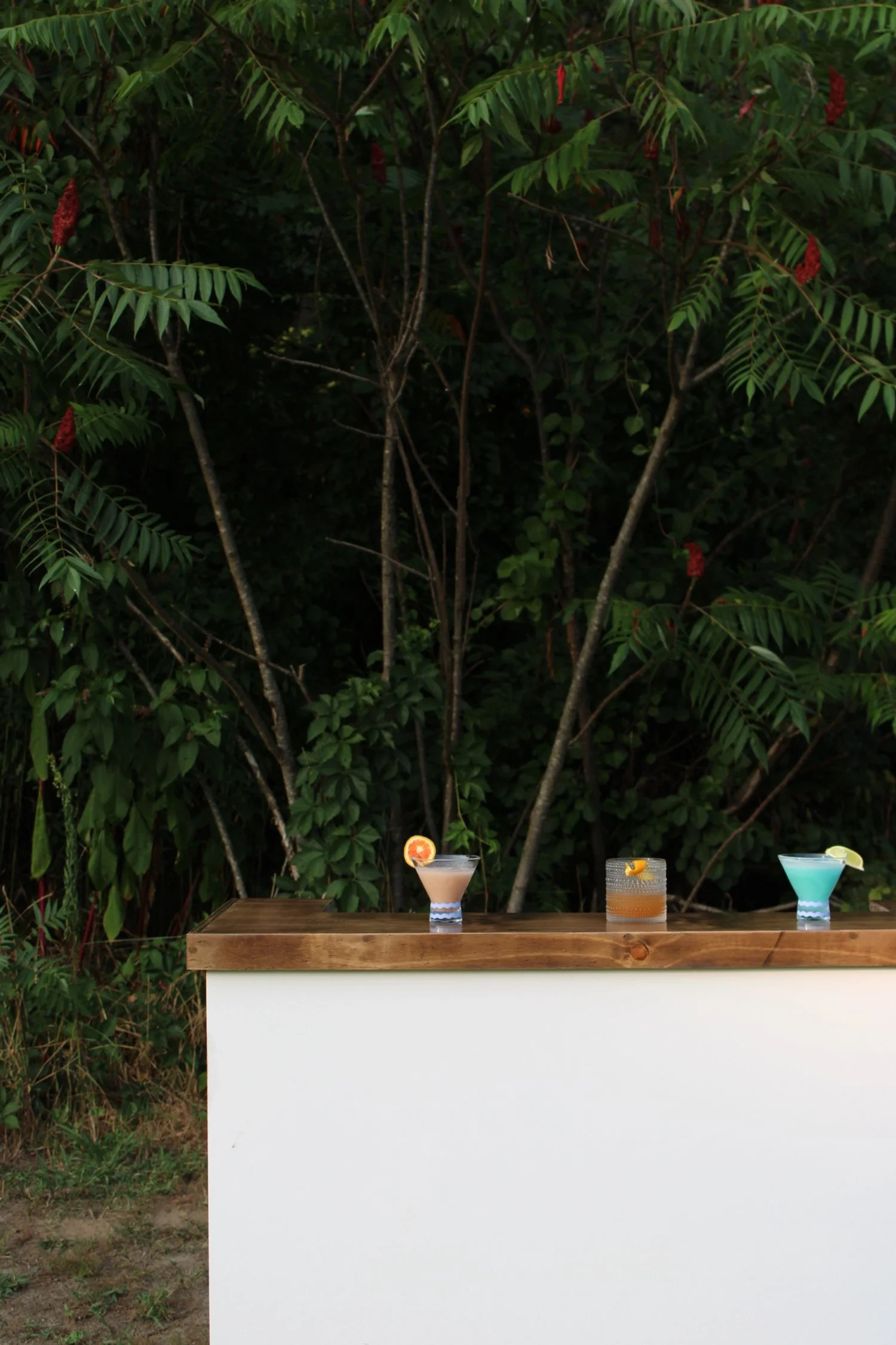 Three cocktails on a wooden bar against green leafy background.