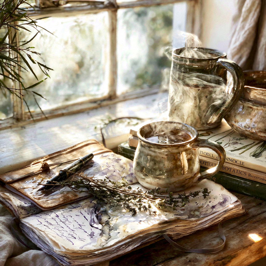 A cozy scene with two ceramic mugs, an open journal with handwritten notes, a pen, and a sprig of dried herbs on a wooden table near a window with sunlight streaming in.