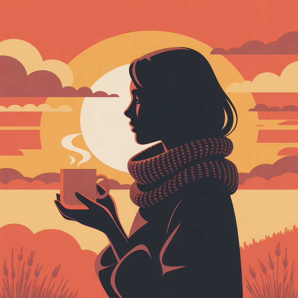Woman holding a mug and facing the sunset