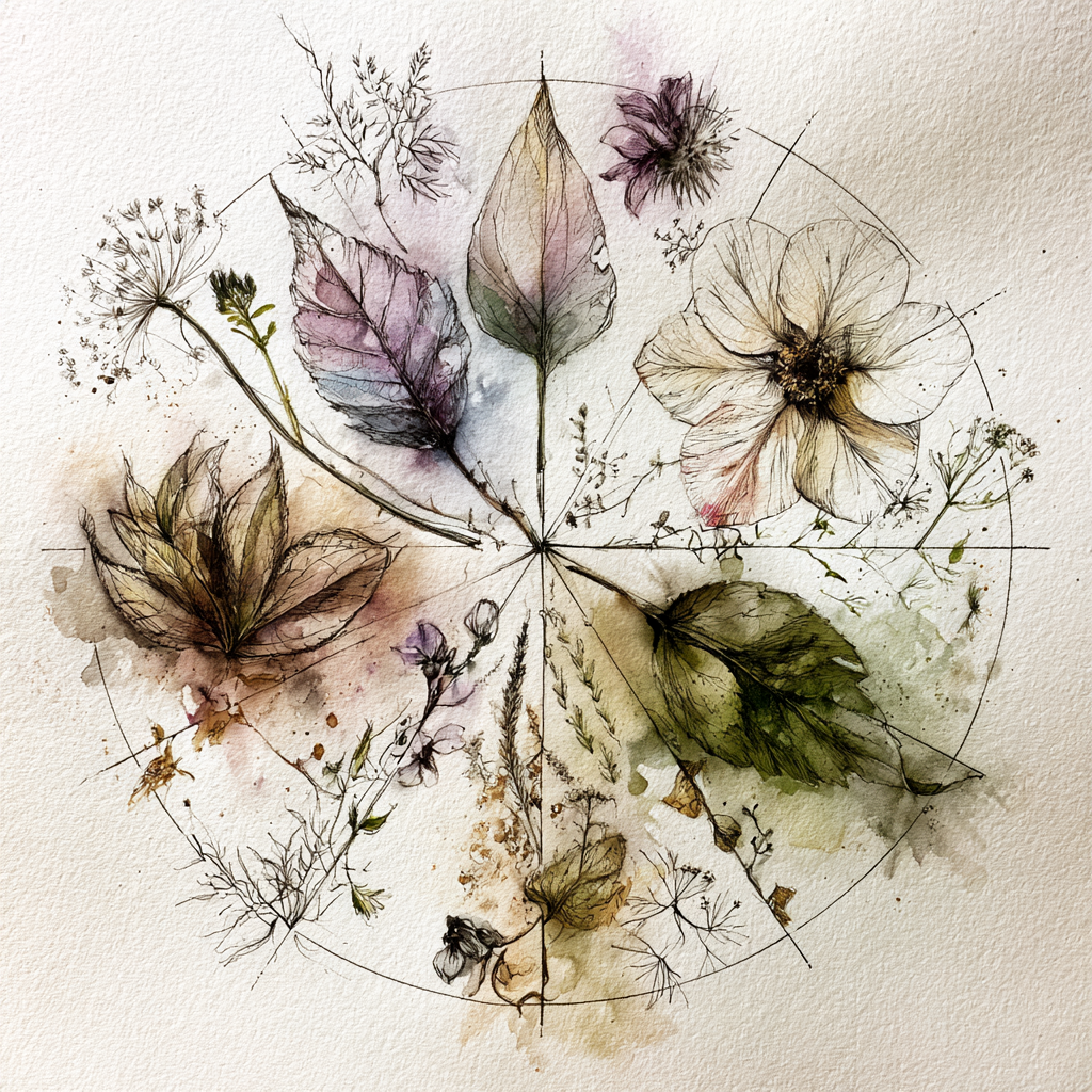 Watercolor illustration of various leaves and small flowers arranged in a circular pattern.