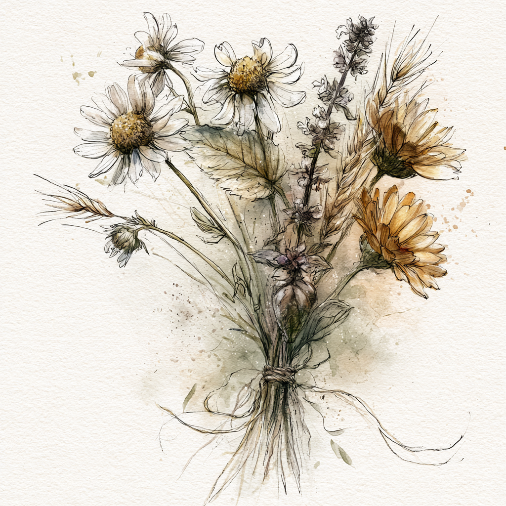 A watercolor illustration of a bouquet of wildflowers, including daisies and other blossoms, tied together with twine.