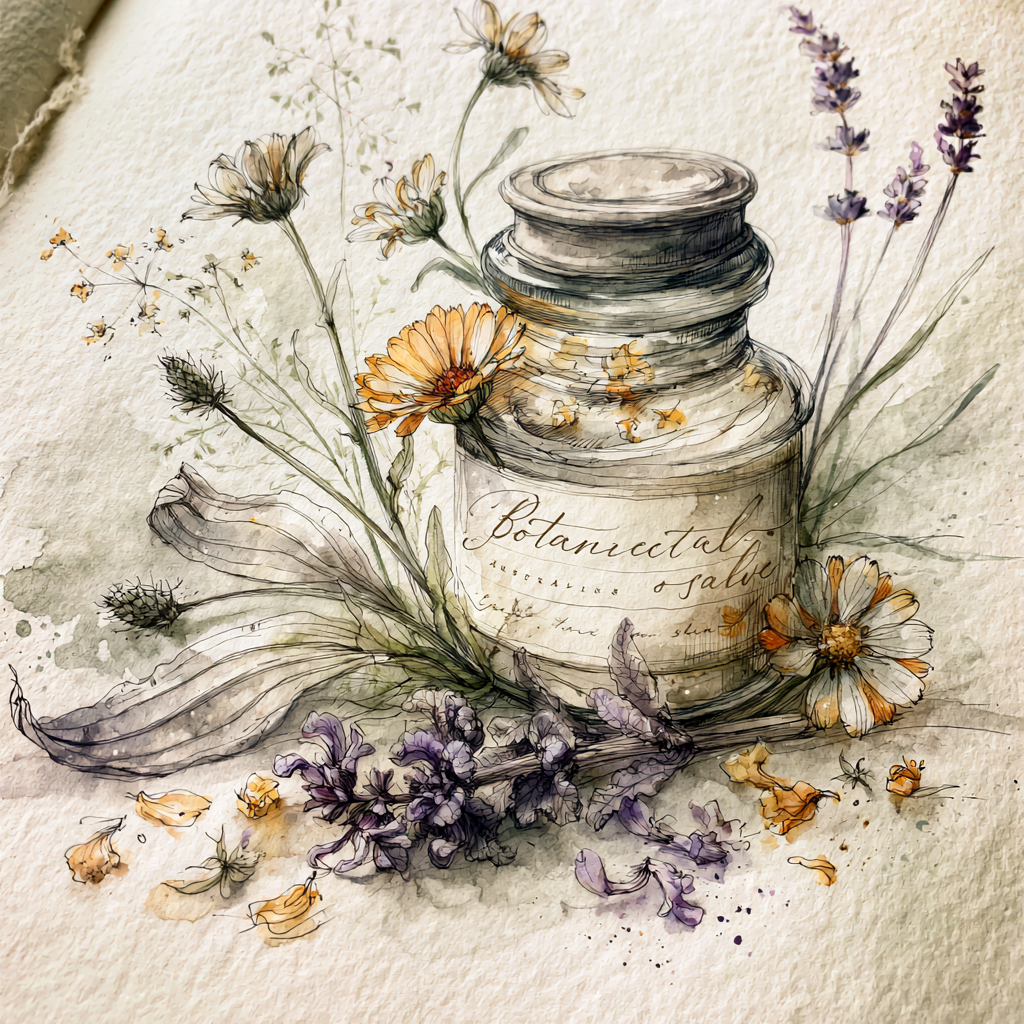 A watercolor illustration of a vintage jar labeled 'Botanical salt' surrounded by various wildflowers and leaves, including daisies, lavender, and other small flowers.