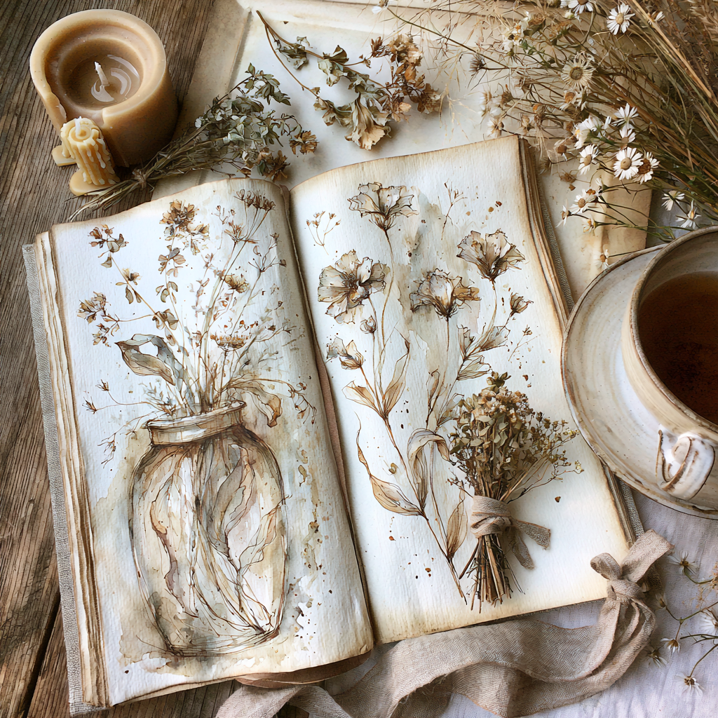 An open watercolor sketchbook featuring floral drawings, surrounded by dried flowers, a brass candle, and ceramic pitchers on a rustic wooden table.
