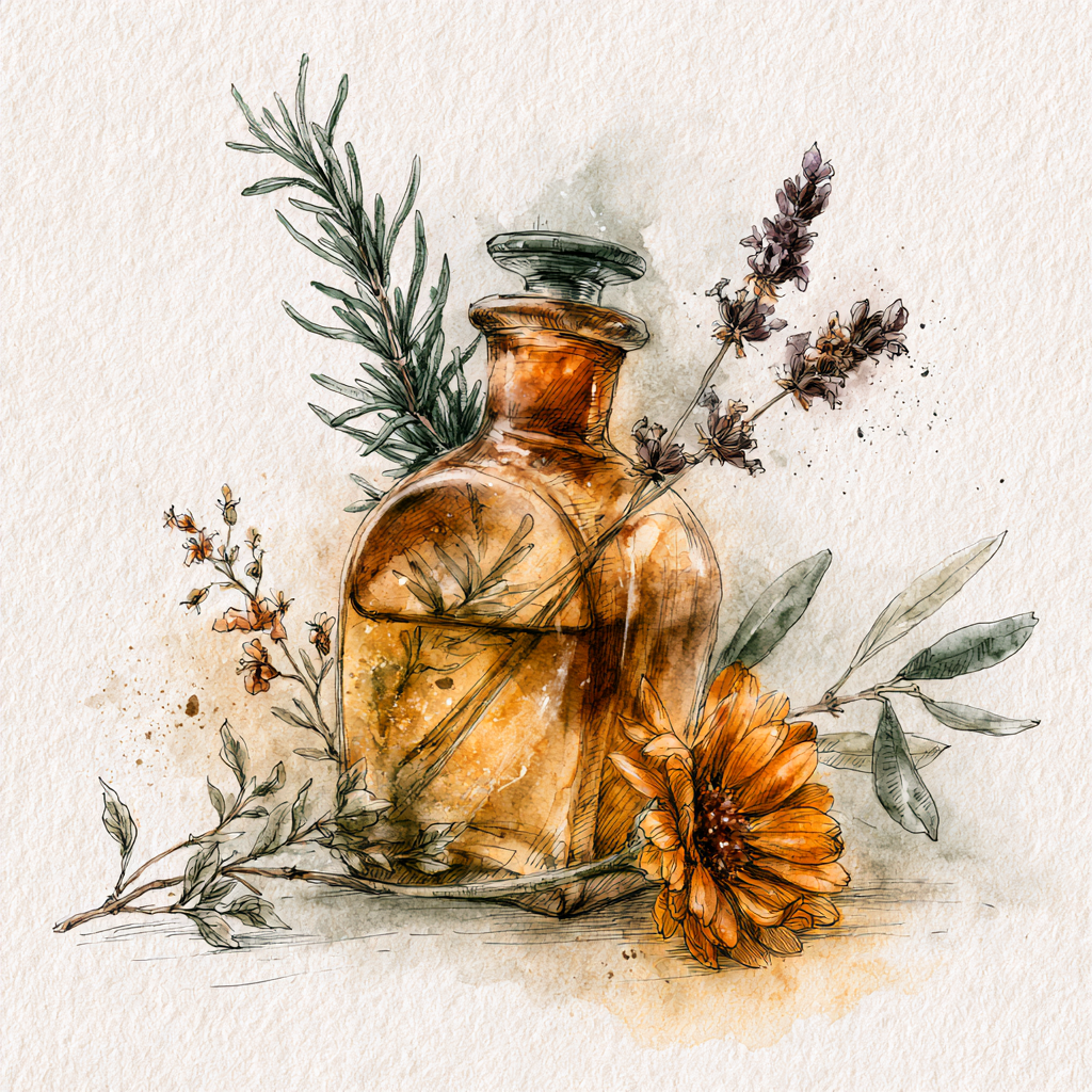 Watercolor painting of a brown glass bottle surrounded by sprigs of rosemary, lavender, and orange flower accents.