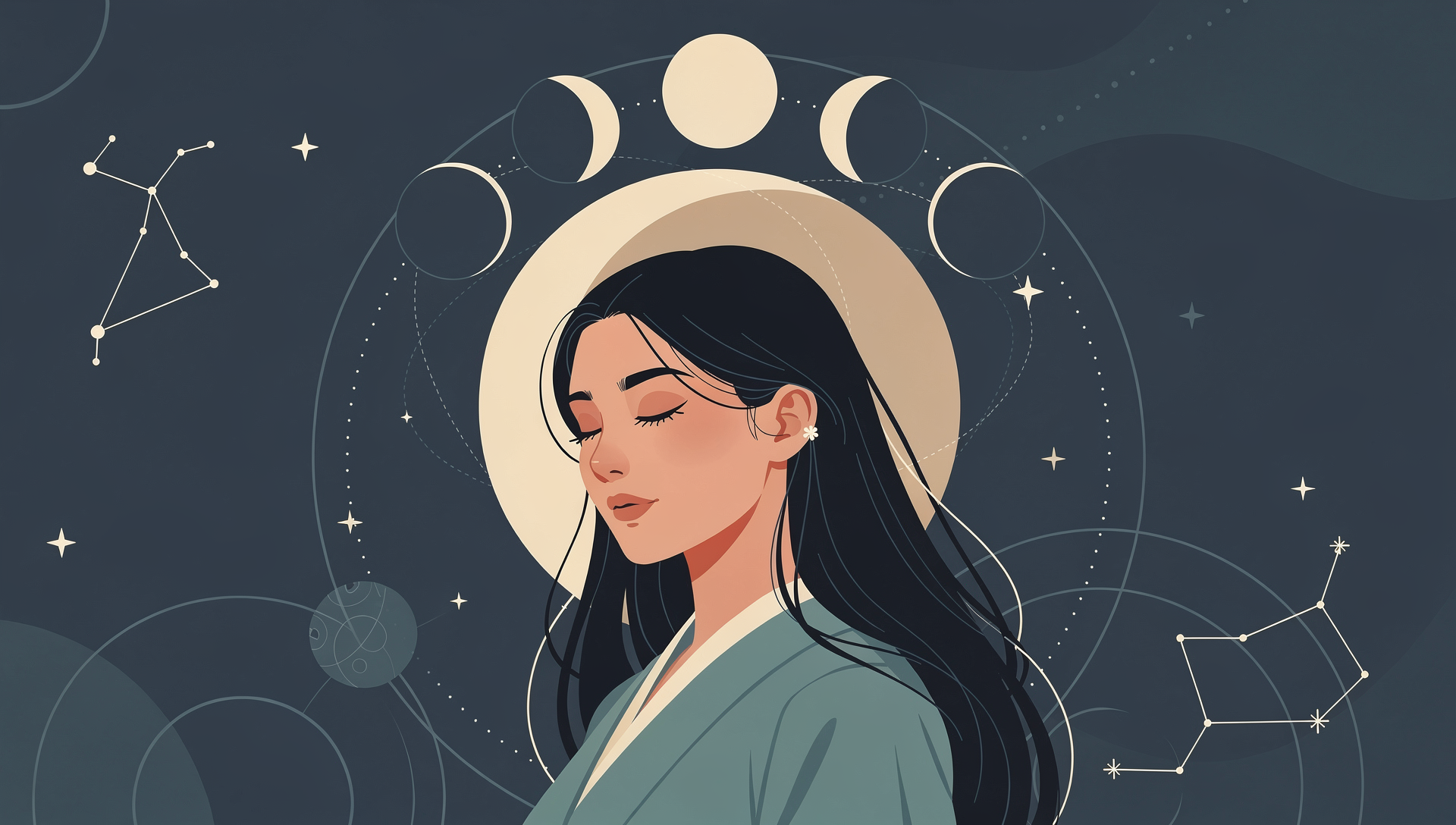 A woman with her eyes closed with phases of moon behind her