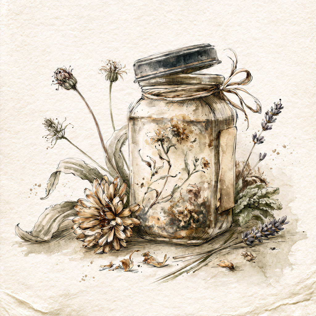 A watercolor painting of a glass jar with dried flowers and herbs, surrounded by more dried flowers on a textured background.