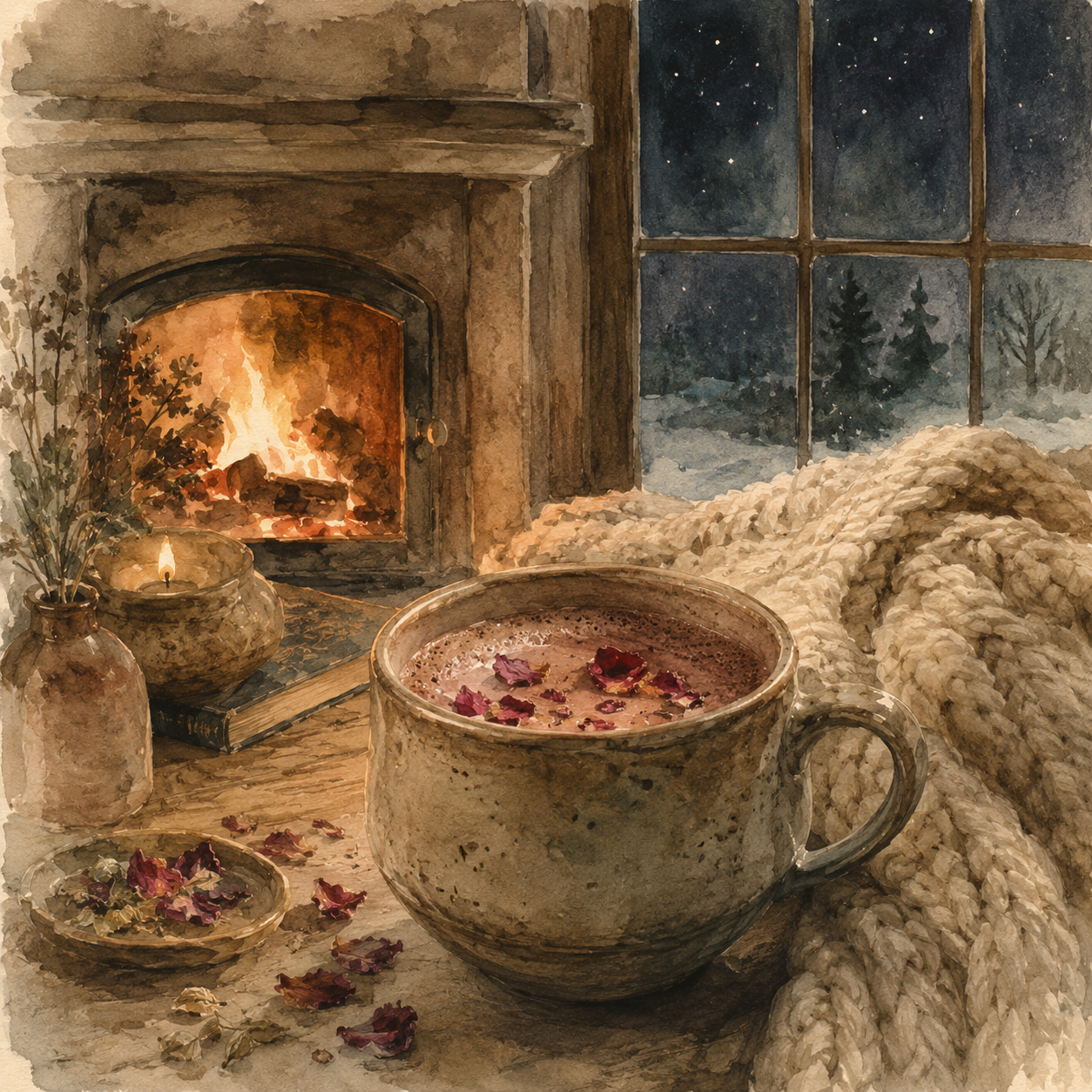 A cozy scene featuring a steaming cup of hot chocolate with rose petals, a lit candle, a potted plant, and a fireplace with a burning fire. Outside the window, snow-covered trees and a snowy landscape are visible, creating a warm winter ambiance.