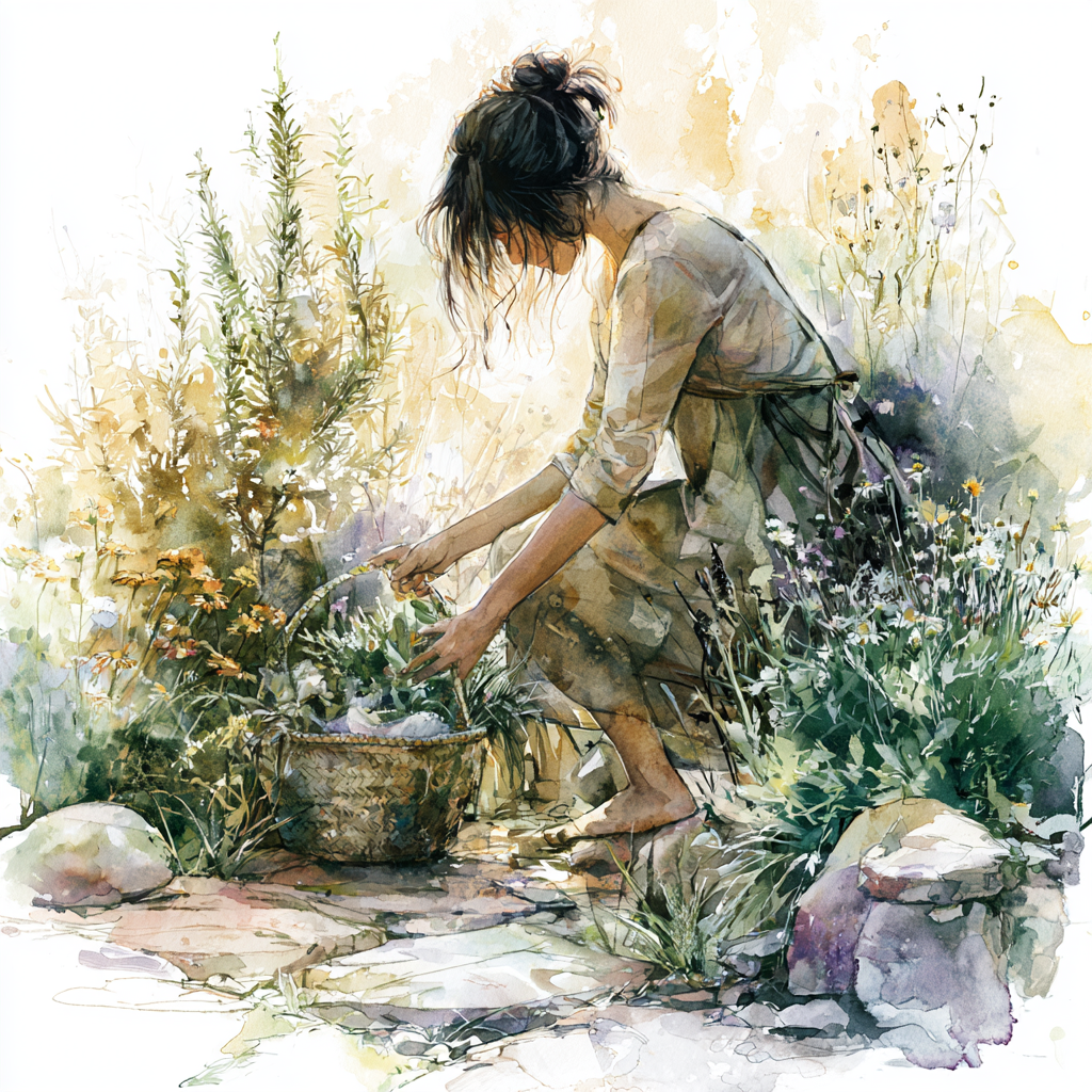 A watercolor painting of a woman gardening, crouched down watering plants in a basket amidst lush greenery and flowers.