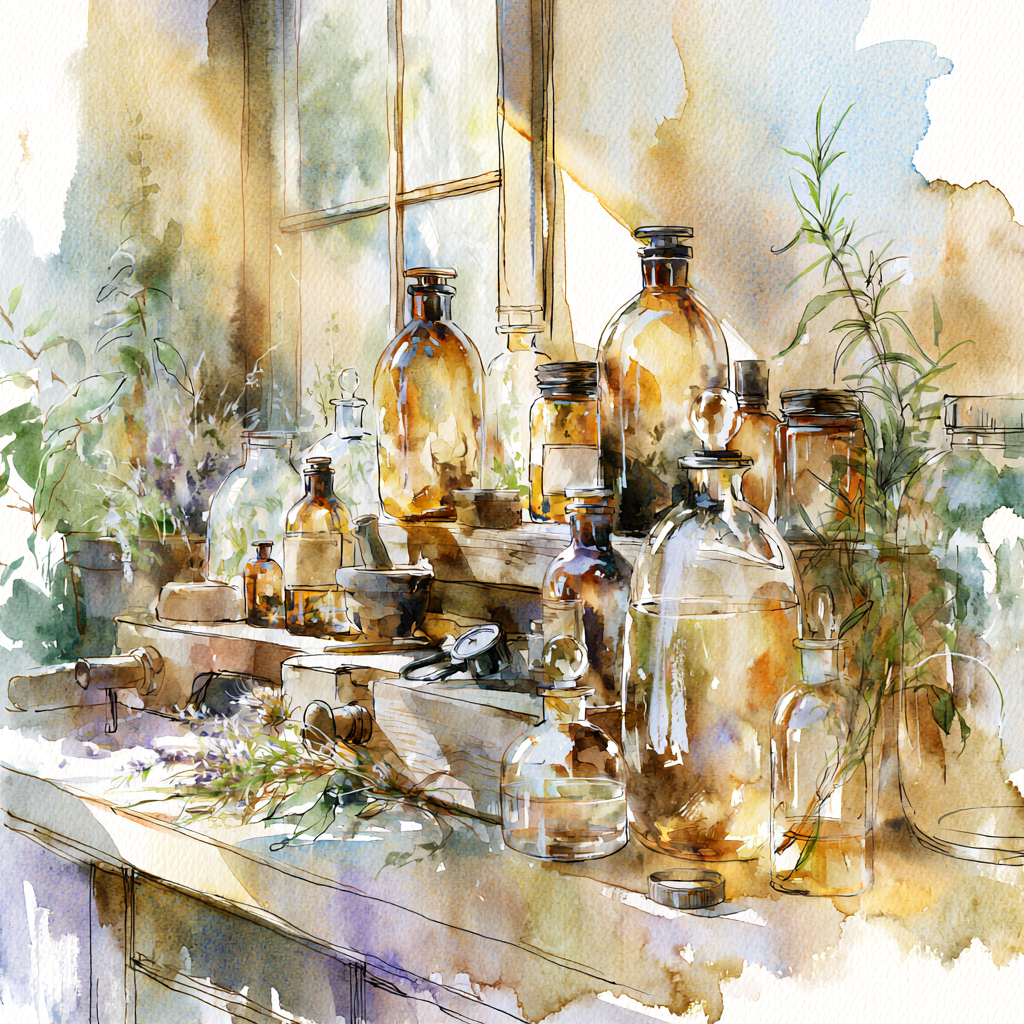 Watercolor painting of a windowsill with various amber glass bottles and jars, surrounded by greenery and natural light.