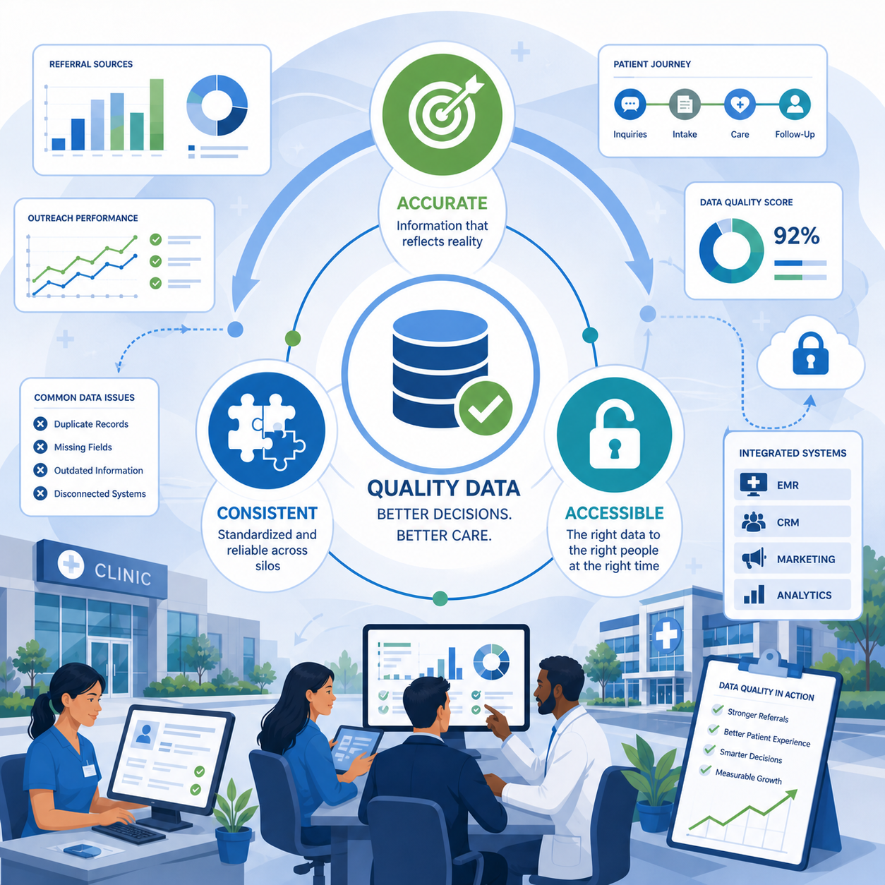 Healthcare data in graphs and charts, with operators reviewing results