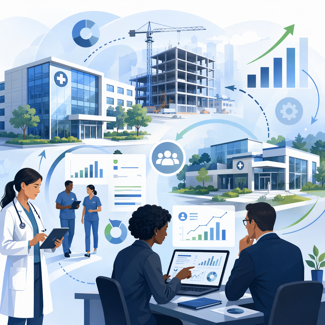 Image of new and existing medical facilities with charts, clinicians.