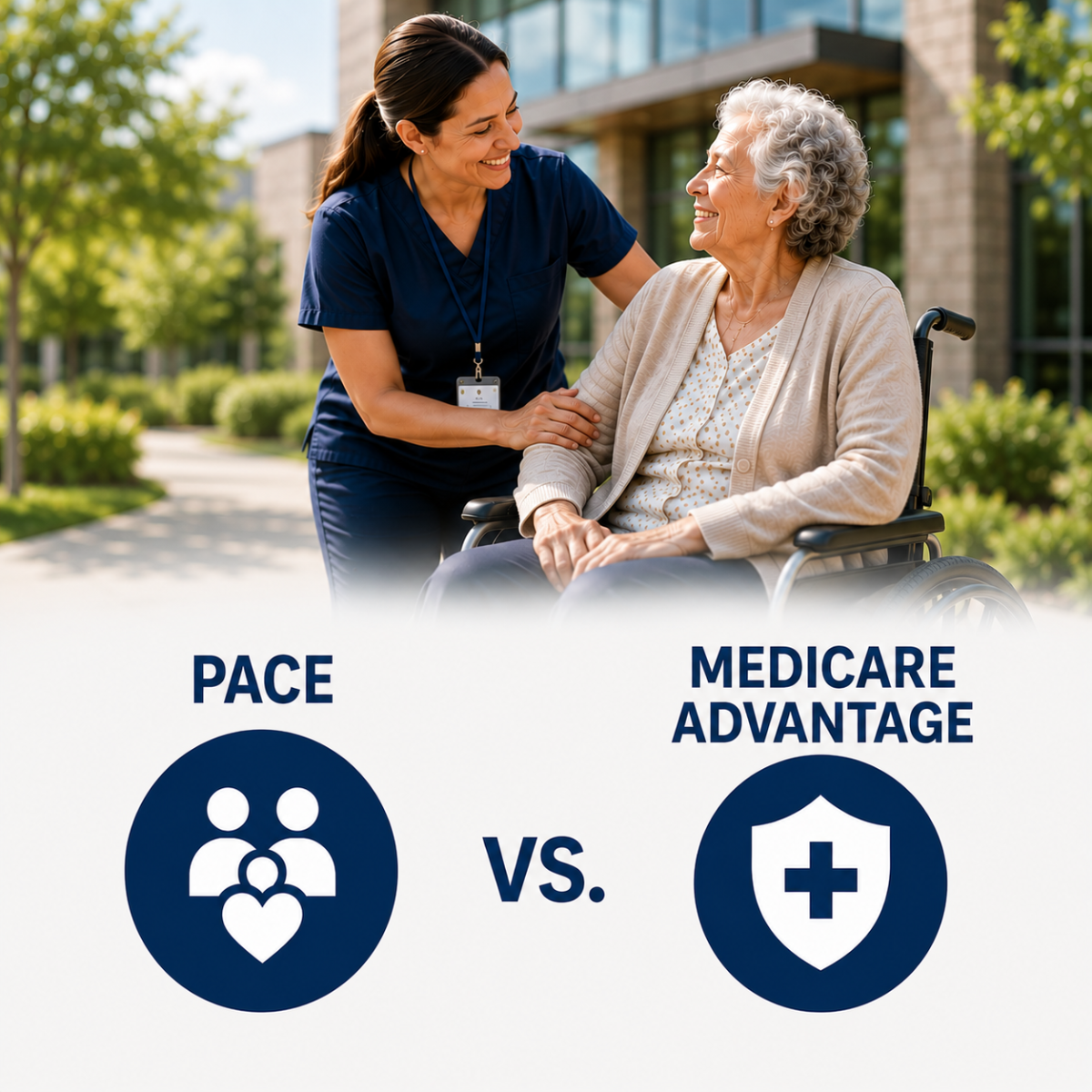 Caregiver helping woman in wheelchair, PACE vs. Medicare Advantage
