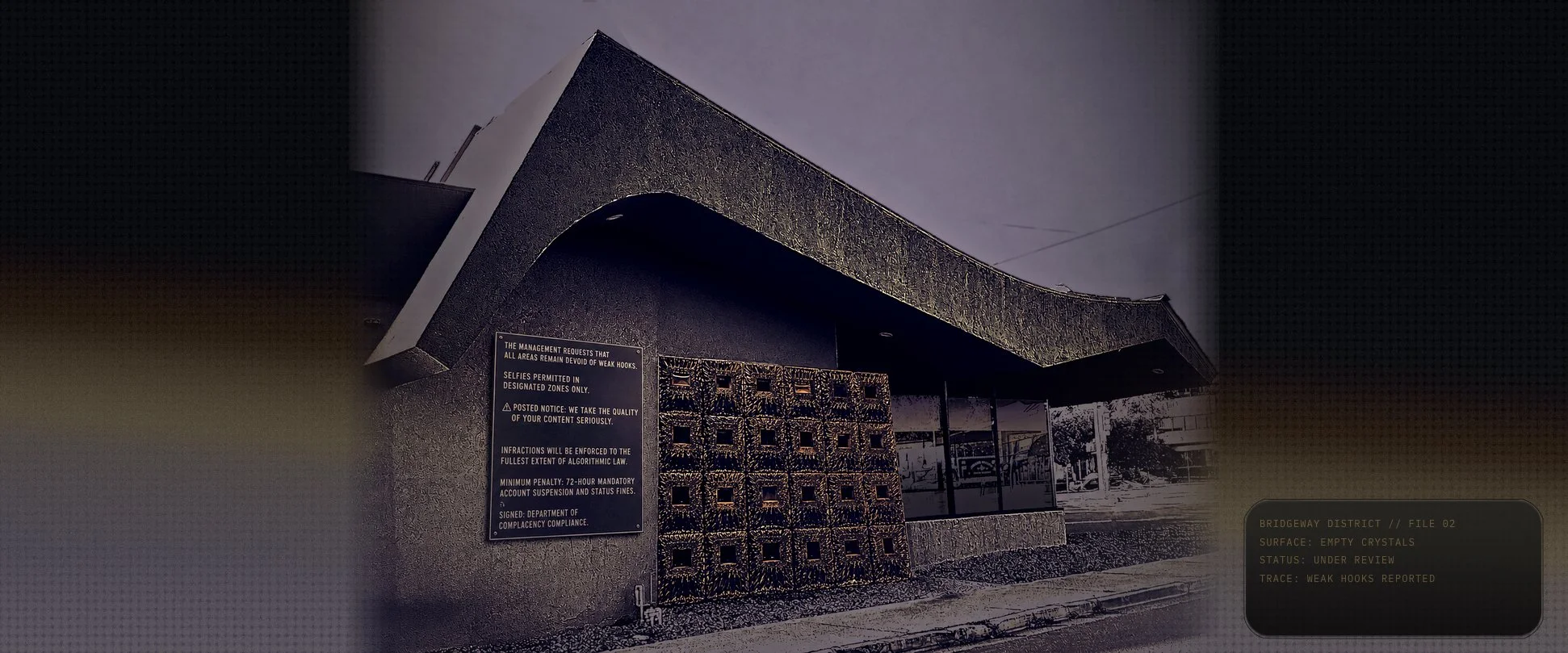 Original architectural photograph by Rene Henley, narratively altered with the Empty Crystals intervention for Latent Moderne.