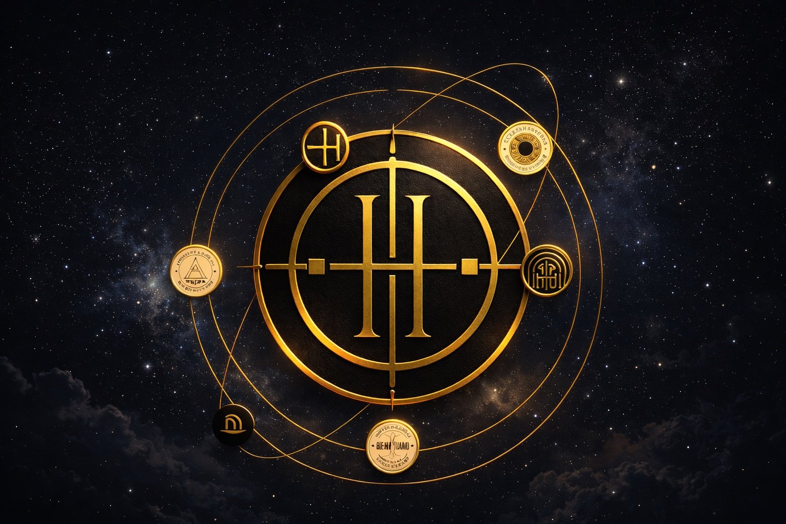 House of Henley orbital emblem with gold monogram and surrounding symbols set against a star-filled background.