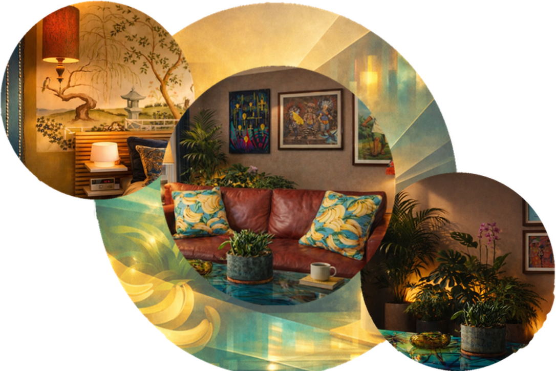 Interior of a cozy, warmly lit living room with artwork on the walls, a leather sofa with colorful pillows, potted plants, and a coffee table with a mug and plant.