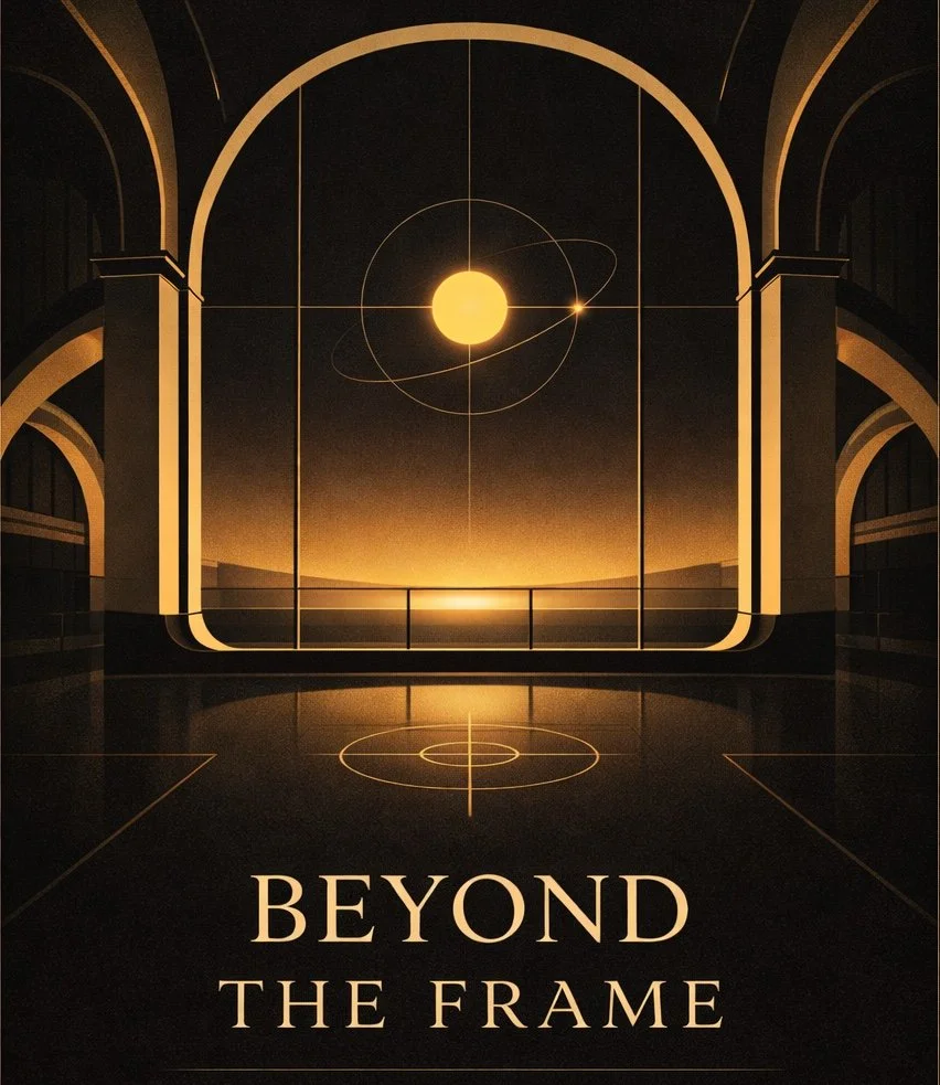 An illustration of a large window with a view of space, featuring a bright yellow sun with orbiting planets, in a futuristic building with arched openings. The title 'Beyond the Frame', House of Henley photography is at the bottom.