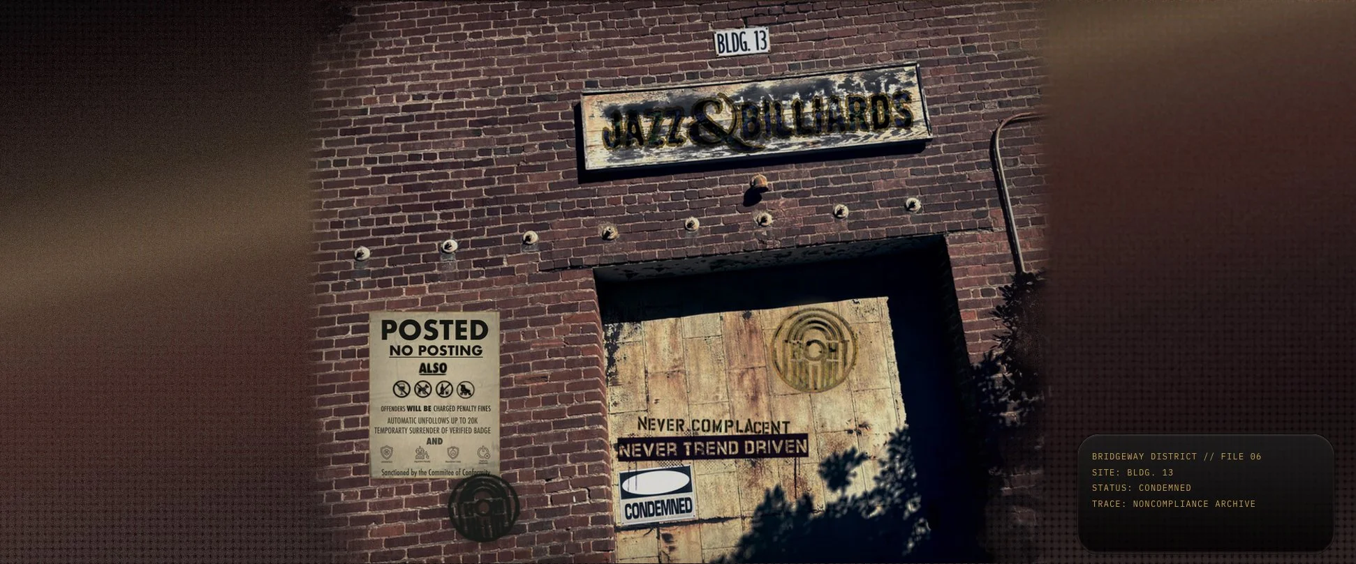 Original brick building photograph by Rene Henley, narratively altered with Committee posting and HOH resistance markings.