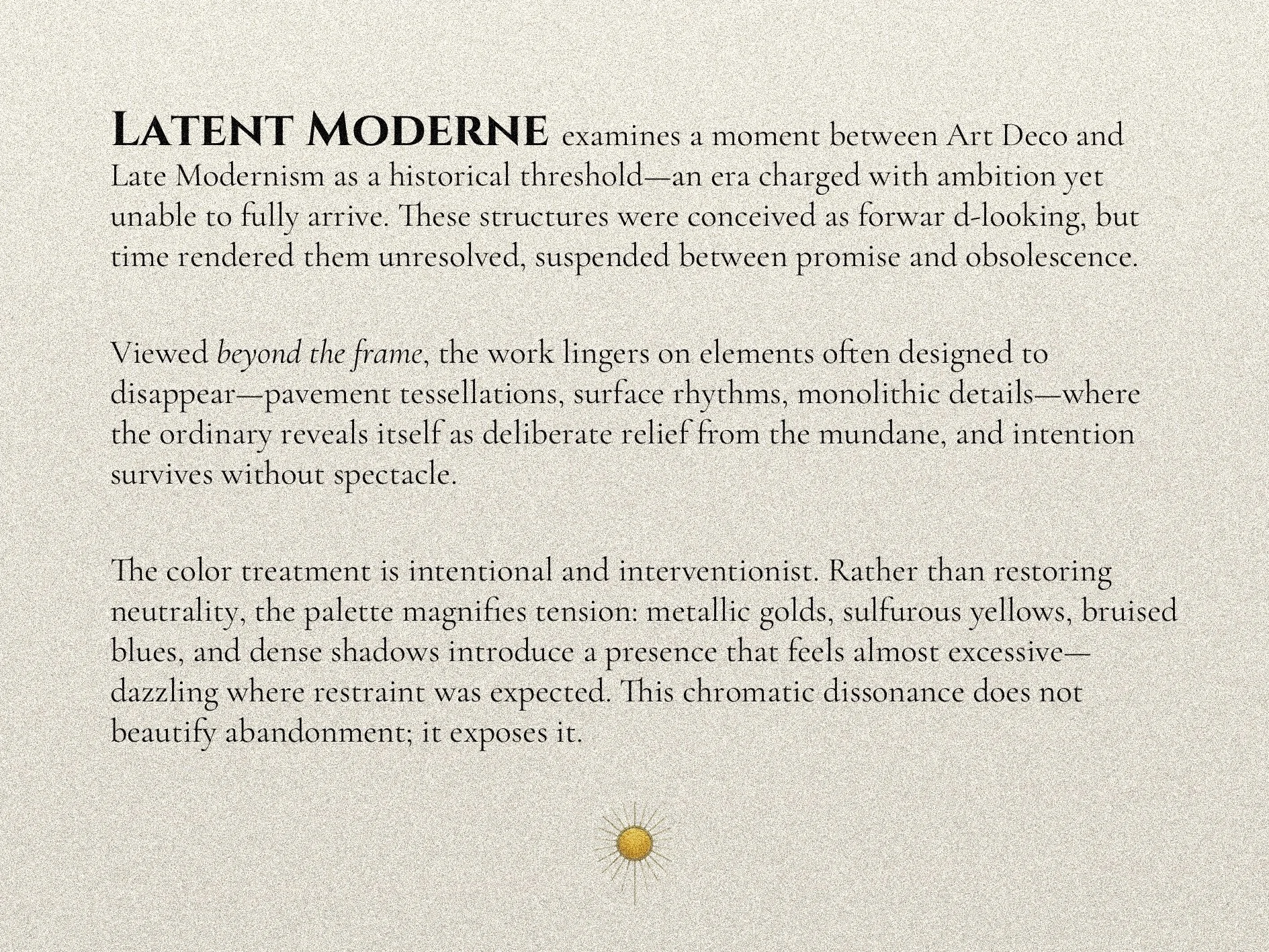 Text titled "Latent Moderne" discussing the relationship between Art Deco and Late Modernism, with a small stylized sun icon at the bottom.