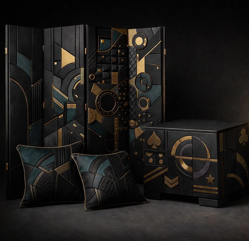 Black and gold poker-themed furniture, including a folding screen, an end table, and two pillows, featuring geometric designs and card suit symbols.