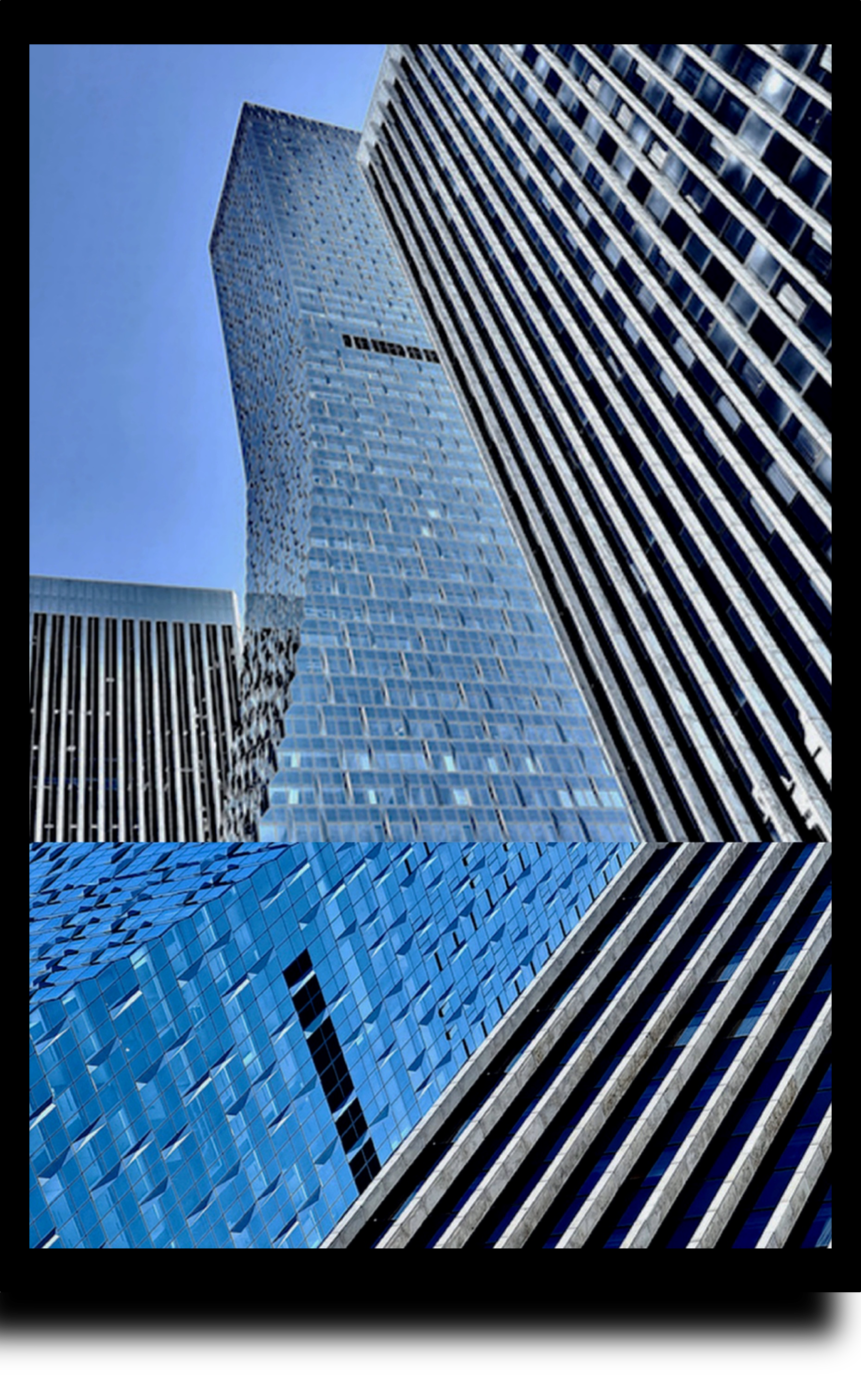 Architectural photograph in downtown Seattle showing intersecting facades and transitional urban space.