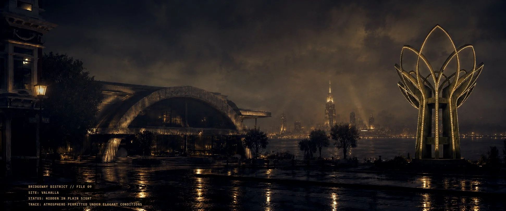 Original architectural photograph by Rene Henley, narratively altered as Valhalla with Deco Spectre and the final District light spectacle.