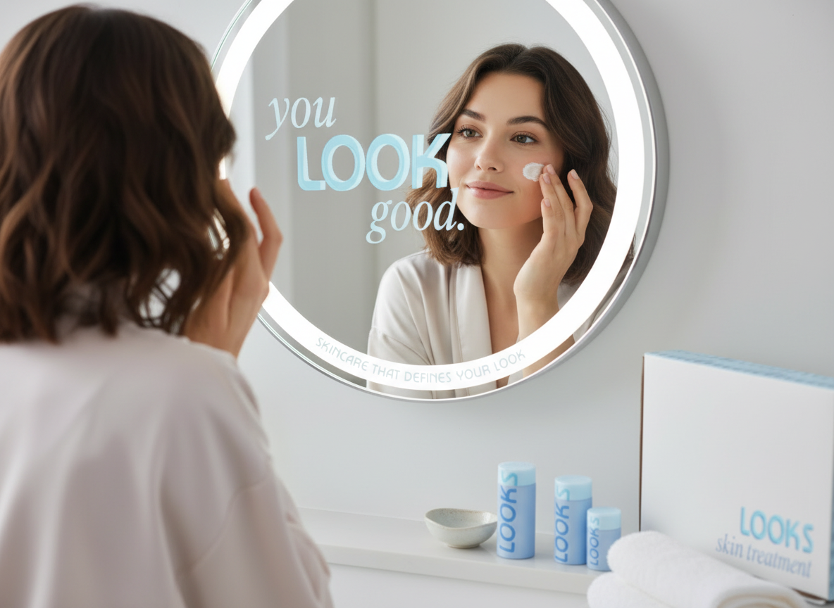 Firefly_Gemini Flash_create an image like an advertisement of a girl looking in the mirror doing her skinc 18211.png