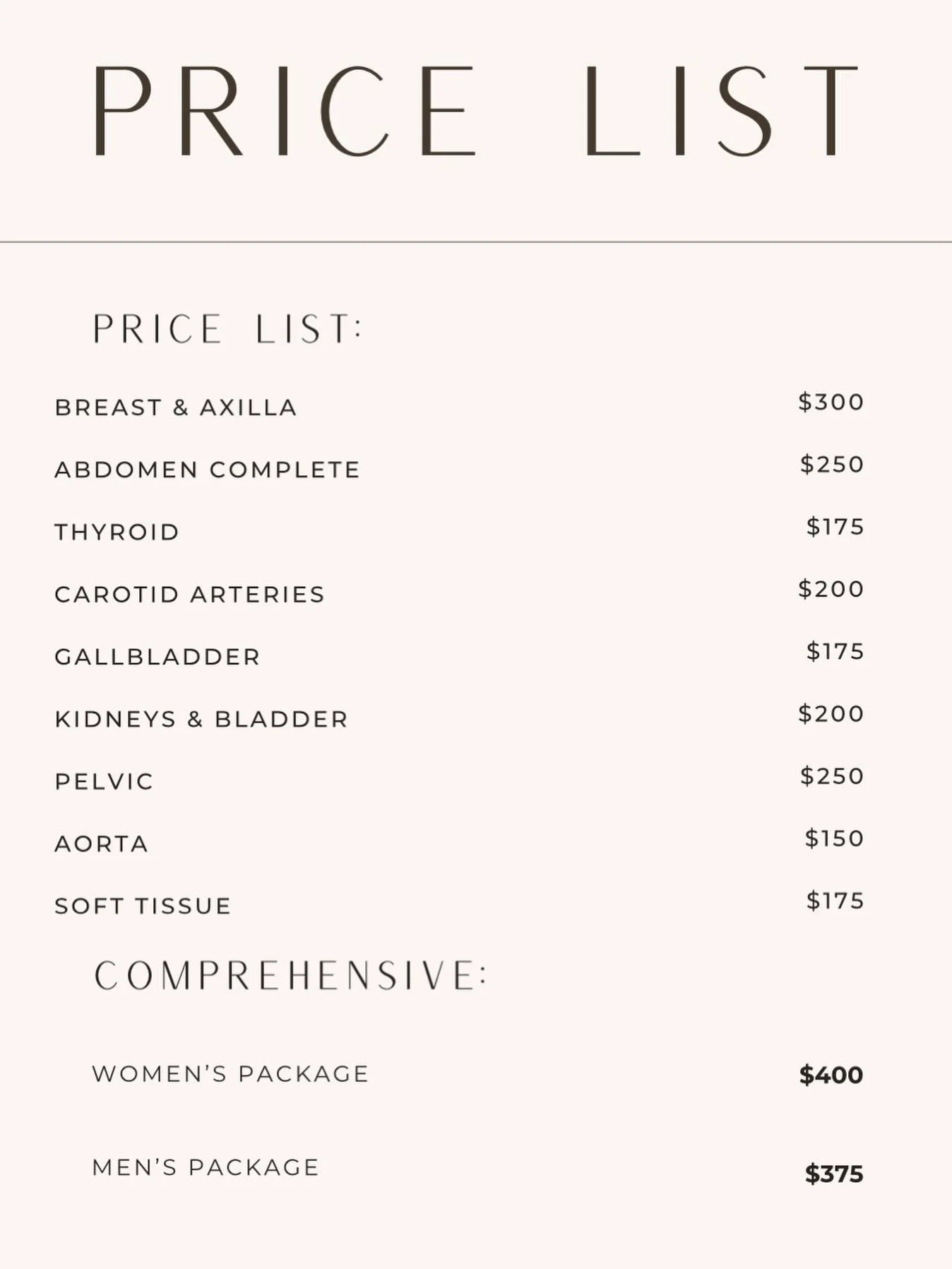 Transparent pricing. 
No insurance. 
No referral needed.
Our self-pay ultrasounds include a detailed Radiologist report for peace of mind and early detection.

Www.wellnessultrasound.com