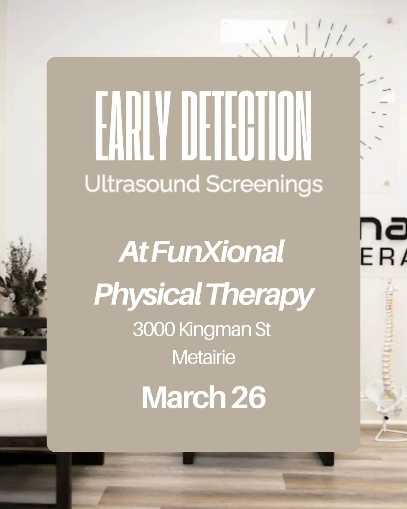 Join us March 26 at FunXional Physical Therapy for a day of early detection ultrasound screenings!

We&rsquo;ll be offering ultrasound screenings of the thyroid, breast, pelvic, carotid arteries &amp; more.

We love partnering with local businesses r