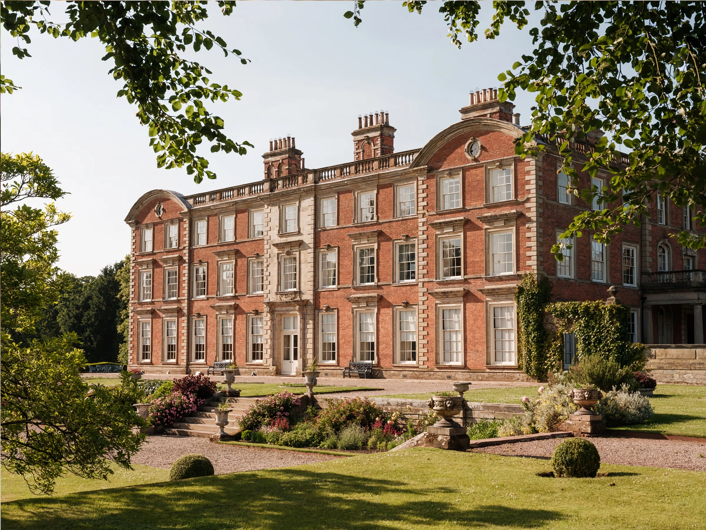 A large historic castle surrounded by dense green trees on rolling hills near the coast.