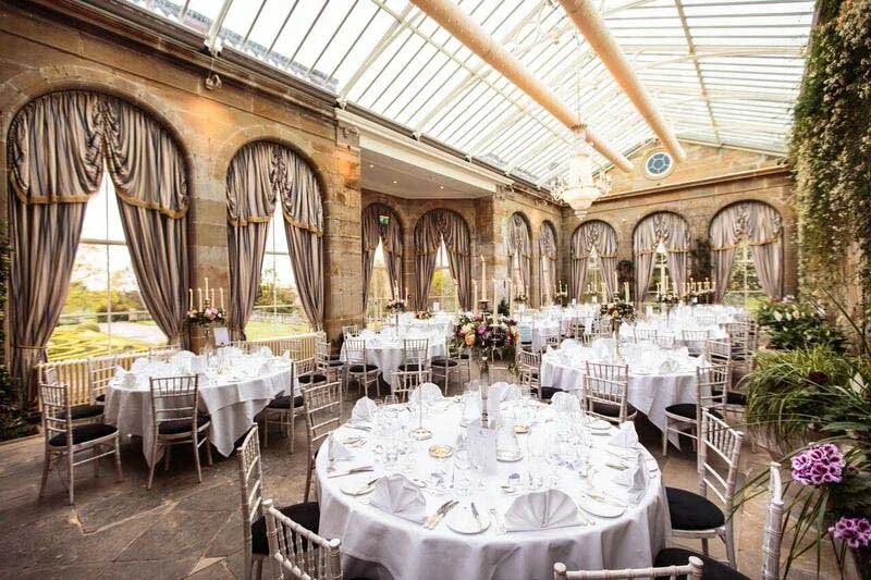 A cozy living room with a large projector screen showing a moonlit scene, decorated with patterned rugs, traditional red upholstered seating, and various chairs and footstools, with floral curtains and framed botanical prints on the walls.