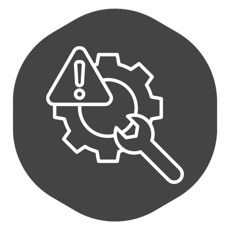 Icon of a gear with a wrench, warning triangle, and exclamation mark, indicating technical issue or maintenance alert.