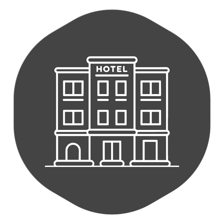 Line drawing of a hotel building with three floors and a central entrance, labeled 'HOTEL' at the top.