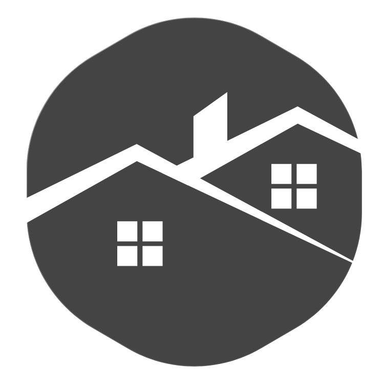 Icon of a house with a roof, chimney, and four windows, inside a dark circle.