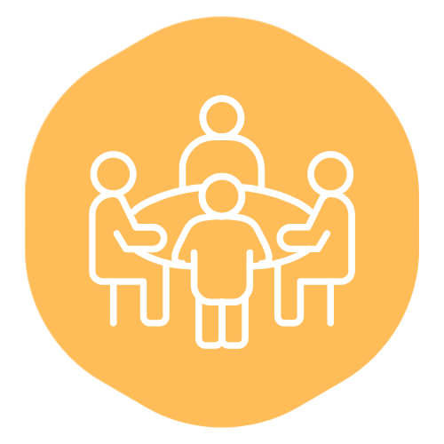 Outline of four people sitting around a table engaged in a discussion, with a fifth person standing behind them.