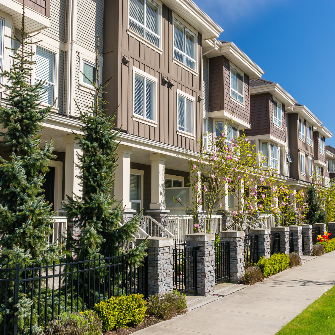 A row of modern townhouses with small front yards, trees, shrubs, and flowers, along a sidewalk under a bright blue sky.