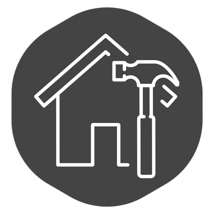 Icon of a house with a gable roof, a hammer, and a wrench, representing home repair or construction.