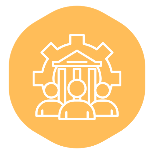 Icon representing teamwork and government or public institutions with three people and a government building, all within a gear symbol.
