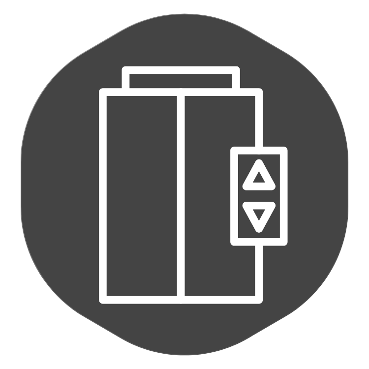 Elevator control panel with up and down buttons on a round gray background.